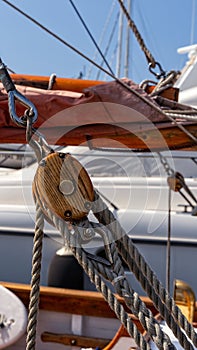 Block and Tackle on a wooden sailing yacht close up
