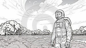 Blockbuster Style Black And White Line Drawing Of Scott Carpenter And White Park