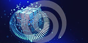 Blockchain abstract concept. Hi-tech Square blocks are collected in a cubic array against background of information fields