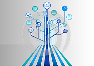 Blockchain background with various icons like distributed database, anonymized transfer and crypto-currency