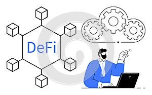 Decentralized Finance Concept with Blockchain Network and Cloud Computing Gear Elements