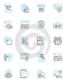 Blockchain-based finance linear icons set. Cryptocurrency, Decentralization, Transparency, Smart contracts, Security