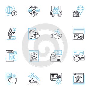 Blockchain-based finance linear icons set. Cryptocurrency, Decentralization, Transparency, Smart contracts, Security