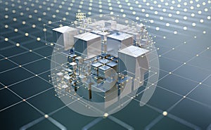 Blockchain, big data, data processing, cloud database. Virtuality and AI. Information blocks, digital, financial, internet technol