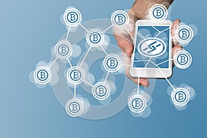 Blockchain and bitcoin concept with hand holding modern smart phone as example for fin tech technology