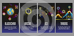 Blockchain, Bitcoin, Ico and Trading vector poster, banner set