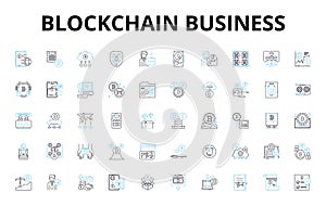 Blockchain business linear icons set. Decentralization, Cryptocurrency, Smart Contracts, Transparency, Distributed