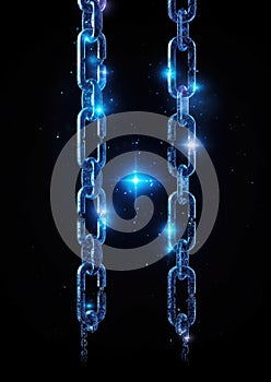 Blockchain chain. Blue electronic circuit