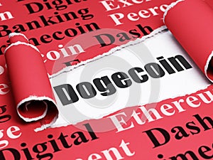 Blockchain concept: black text Dogecoin under the piece of torn paper photo