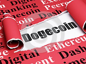 Blockchain concept: black text Dogecoin under the piece of torn paper