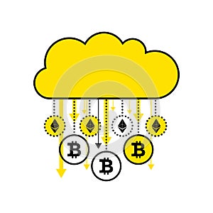 Blockchain concept of cryptocurrency. Golden digital cloud isolated on white background. Gold rain virtual coins bitcoin, ethereum