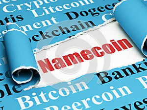 Blockchain concept: red text Namecoin under the piece of torn paper