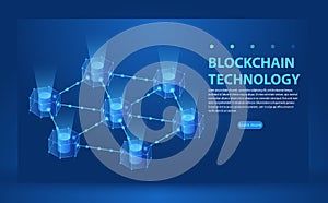 Blockchain concept slider banner design with isometric blocks chain illustration and text vector illustration