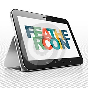 Blockchain concept: Tablet Computer with Feathercoin on display