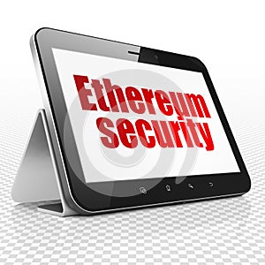 Blockchain concept: Tablet Computer with Ethereum Security on display