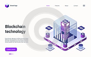 Blockchain cryptocurrency business technology isometric landing page design, cryptography