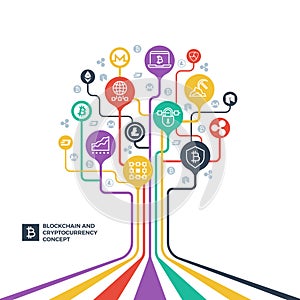 Blockchain, cryptocurrency cryptography and data distribution vector concept