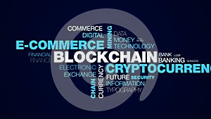 Blockchain cryptocurrency e-commerce mining bitcoin block economy ethereum business chain token animated word cloud