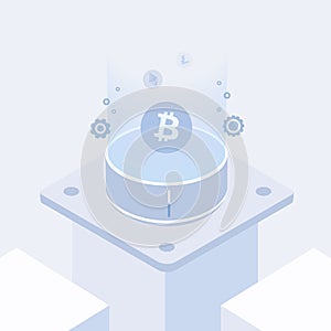 Blockchain and Cryptocurrency isometric vector composition. Mining farm design concept - Bitcoin, Litecoin, Ethereum crypto