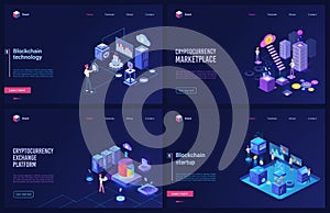 Blockchain cryptocurrency marketplace technology isometric vector illustration set with cryptocoin platform startup