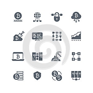 Blockchain and cryptocurrency mining vector icons. Decentralized transaction system symbols