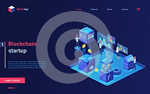 Blockchain cryptocurrency startup isometric landing page, crowdfunding investment