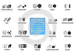 Blockchain and cryptocurrency thin line icon set. Pixel perfect icons with 1 px line width for optimal app and web usage