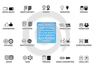 Blockchain and cryptocurrency thin line icon set. Pixel perfect icons with 1 px line width for optimal app and web usage photo