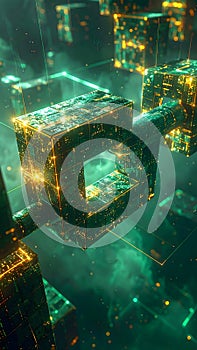 Blockchain Cryptographic Structure Background with Green and Gold Data Blocks