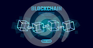 Blockchain cube chain symbol on square code big data flow information. Blue neon glowing modern trend. Cryptocurrency