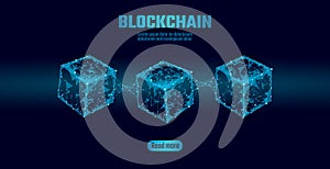 Blockchain cube chain symbol on square code big data flow information. Blue neon glowing modern trend. Cryptocurrency