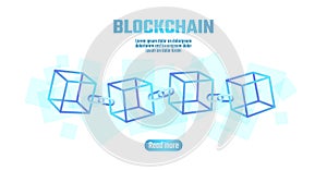 Blockchain cube chain symbol on square code big data flow information. Blue neon glowing planet Earth globe