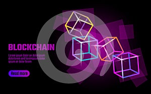 Blockchain cube chain symbol on square code big data flow information. Pink neon glowing modern trend. Cryptocurrency
