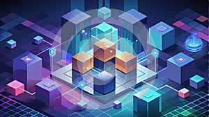 Blockchain cubes in isometric, innovative technologies, artificial intelligence technologies.