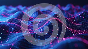 Blockchain data flow with ai tech, network connection, 3d music waves in science research concept