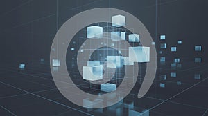 Blockchain data network with abstract glowing cubes