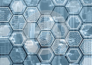 Blockchain or digitization blue and grey background with hexagonal shaped pattern