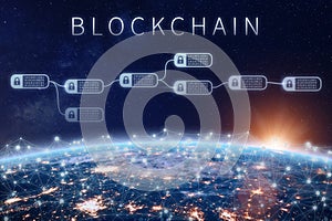 Blockchain financial technology concept, network encrypted chain of blocks, Earth photo