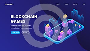 Blockchain game digital illustration. Metaverse concept. P2E Crypto Games Landing Page Concept. Earn money playing NFT