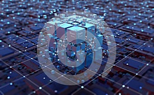Blockchain in global digital network, quantum computer, nanotechnological circuit, high-tech processor and cybertechnology