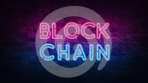Blockchain Glowing neon light. Cryptocurrency exchange concept banner. Graphic background communication. Decoration chain. Digital