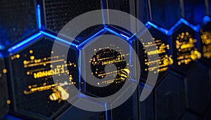 Blockchain Honeycomb Server Farm . Artificial Intelligence concept. Generated Image