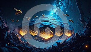 Blockchain Honeycomb Server Farm . Artificial Intelligence concept. Generated Image