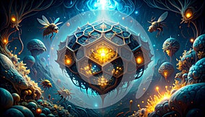 Blockchain Honeycomb Server Farm . Artificial Intelligence concept. Generated Image