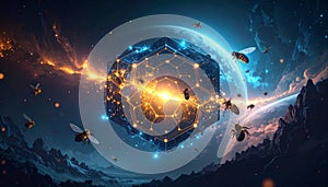 Blockchain Honeycomb Server Farm . Artificial Intelligence concept. Generated Image