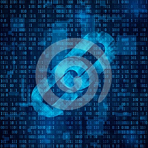 Blockchain hyperlink symbol on binary code. Chain symbol on abstract blue matrix background