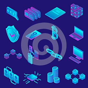 Blockchain icon set, isometric style