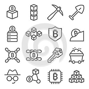 Blockchain icons set vector illustration. Contains such icon as Cryptocurrency, Dig, Private key, Database and more. Expanded Stro
