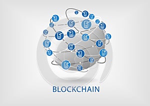 Blockchain illustration with connected globe on light grey background