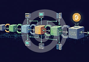 Symbol hovers above the rightmost block, highlighting cryptocurrency integrati